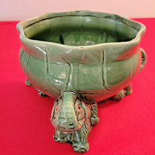  Vintage Green Pottery Elephant Planter Bowl 3 Elephant Feet Good Luck Trunk Up  picture