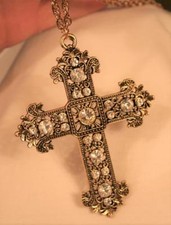 Lacy Large Goldtone Sparkling White Rhinestone Pectoral Cross Pendant Necklace picture