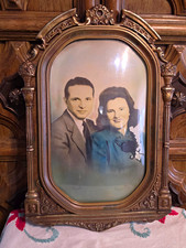 Antique Gilt/Gesso Picture Frame w/ Vintage Hand-Tinted Photograph Bubble Glass picture