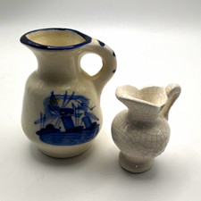 Vintage Miniature Pitchers Lot of 2 Delft Blue & Crackle Glaze picture
