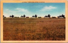 Vintage Kansas Wheat Threshing Linen Postcard Farm Tractors Agriculture Scene picture