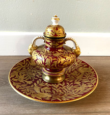 Antique Royal Crown Derby Figural Inkwell Heavily Gilded Ruby Red- Old Marriage picture