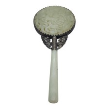Antique Nephrite Jade Sterling Silver Hand Mirror Celadon Carved Floral Vanity picture
