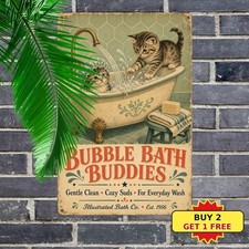Kitten in Bathtub Metal Sign Vintage Cat Bathroom Wall Art Plaque picture