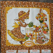 VTG 1979 Linen Calendar Tea Towel Prairie Girl Watering Flowers Bouquets  picture
