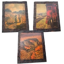 Vintage Rustic Wall Art Set of 3 Nature Farm Train Scenes Wood Plank Prints picture