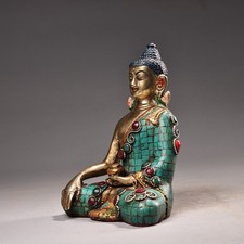 Tibetan Bronze Gilt Inlay Turquoise Gems Shakyamuni Buddha Statue 5.9