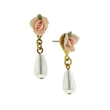 1928 Jewelry Pink Rose & Pearl Drop Earrings, Handcrafted Floral Design picture