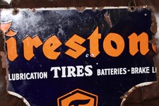 SCARCE 1930s  FIRESTONE TIRES DEALER 2-SIDED PORCELAIN SIGN SERVICE OIL GAS picture