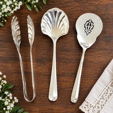 Vintage Silverplate Serving Utensils Lot of 3 Shell Spoon Sugar Tongs Pierced 9