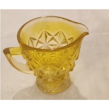 Yellow Pressed Glass Creamer Diamond Pattern –Vintage Small Pitcher - 3.75
