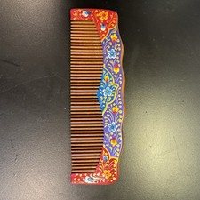 Handmade Folk Art Painted Wooden Comb Multicolored picture
