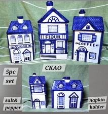 Vintage CKAO 5pc Village Canisters Blue & White Victorian Houses Shaker Holder picture