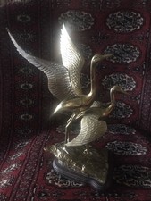VTG Antique Large Solid Brass Geese Birds In Flight On Wooden Base Sculpture MCM picture