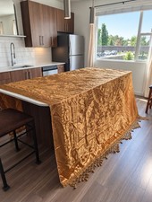 Vintage Chinoiserie Satin Jacquard Bedspread Gold Saffron 108x95 Fringe picture