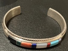 Francis Yazzie Navajo SS 925 Signed Turquoise Multistone Inlay Cuff Bracelet 6.5 picture