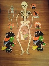 Vintage 9 Piece Set Beistle Halloween Decorations Skeletons, Witches, Cat, Ghost picture