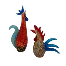 Hand Blown Art Glass Rooster Figurines Set of 2 Colorful Chicken Decor picture