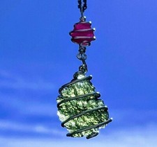 MOLDAVITE & RUBY Necklace Sterling Silver Pendant Genuine Crystal Certificate picture