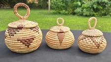 Set Of 3 African Zulu Lidded Weaved Baskets Herb Baskets 3 Sizes Unique 👀 picture