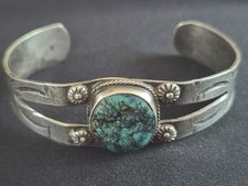 Antique Old Pawn Native American Natural Stormy Mtn Turquoise Cuff Ingot Silver picture