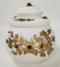 Vintage Milk Glass Hollywood Regency Covered Jar Dish Heavy Gilded Roses 7