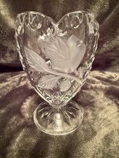 Anna Hutte Cut Crystal Heart Vase Frosted Etched Floral Bleikristall Germany picture
