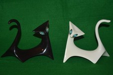 2 MCM CUBIST ART DECO CAT FIGURINES - JEWEL EYES - 1 BLACK, 1 WHITE picture