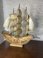 Vintage Wood Ship With 12 Sails Rigged w/wire Made From Steer Bone & Wood picture