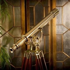 Antique Nautical Floor Standing Brass 39 Inch Telescope With Wooden Tripod Stand picture