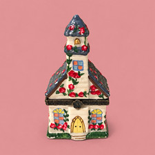 House Shaped Ceramic Trinket Box Hinged Lid Floral Painted Cottage Decor picture