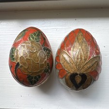 Vintage Brass Enameled Eggs Floral Design Set Of 2 Decor Cloisonné Style picture