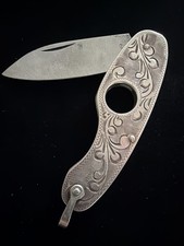 Vintage Engraved Pocket Knife Pendant Sterling Silver Cigar Cutter Scroll Japan picture