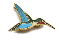 Vintage Hummingbird Pin Brooch Enamel Cloisonne Style Flying Bird Gold Tone picture