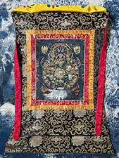 Tibetan Buddhist Thangka Painting of Mahakala w/ Silk Brocade Hanging Scroll picture