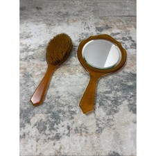 Vintage Amber Brown Plastic Hand Mirror and Hairbrush Vanity Set picture