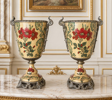 Vintage Castilian Imports Porcelain Vases • Brass Champlevé Enamel Luxury Floral picture