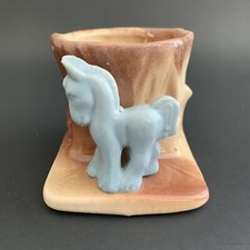 Vintage Morton Pottery Blue Horse Pony Standing by Tree Stump Planter Pot 1950s picture