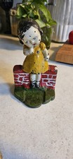 ANTIQUE ALBANY 134 CAST IRON SCHOOL GIRL IN Yellow DRESS on BRICK WALL  DOORSTOP picture