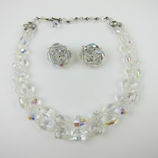 Vintage Aurora Borealis Crystal Bead Double Strand Necklace Clip On Earrings Set picture