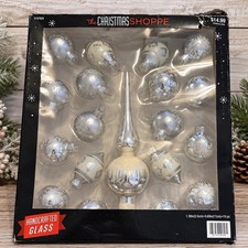 The Christmas Shoppe Handcrafted Glass Ornaments Set 19pc Silver White Tree Top picture