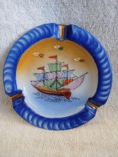 Vintage Round Hand Painted Sailboat Ship Ashtray Pat. Made in JAPAN picture