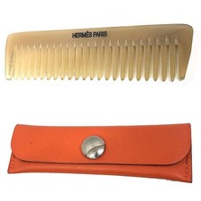 HERMES Buffalo Horn Comb Hairbrush W/ Orange Leather Case Vintage From Japan picture