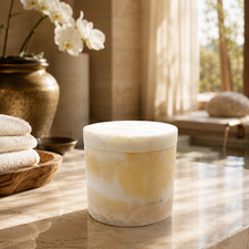 Vintage Alabaster Covered Trinket Box Cylinder Lidded Jar Made Egypt Modernist picture