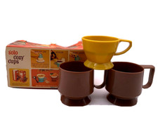 Vintage MCM Retro Yellow and Brown Set Of 3 Solo Cozy Cup Holders picture