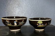 Vintage Mexican Folk Art Footed Bowls Set Hand Painted Panoramas picture