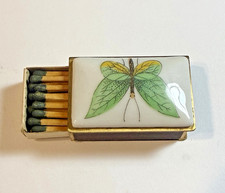 RARE BRASS & PORCELAIN STICK MATCH MATCHBOX HOLDER WITH MATCHES MADE IN SWEDEN picture