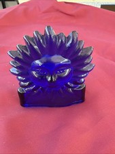VINTAGE COBALT BLUYE PRESSED GLASS CELESTIAL SUN TEA LIGHT HOLDER (tb3.3) picture
