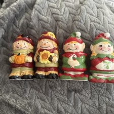 TWO SETS of Salt & Pepper Shakers. Scarecrows & Elf’s LIMITED ED Fall &Christmas picture