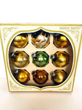 Vintage set 9 Shiny Brite glass round tree ornaments USA original box picture